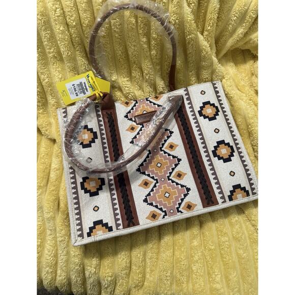 Wrangler Large Tote Purse Bag Cream Gold Browns Black Inside Pockets New W Tags - Picture 1 of 6